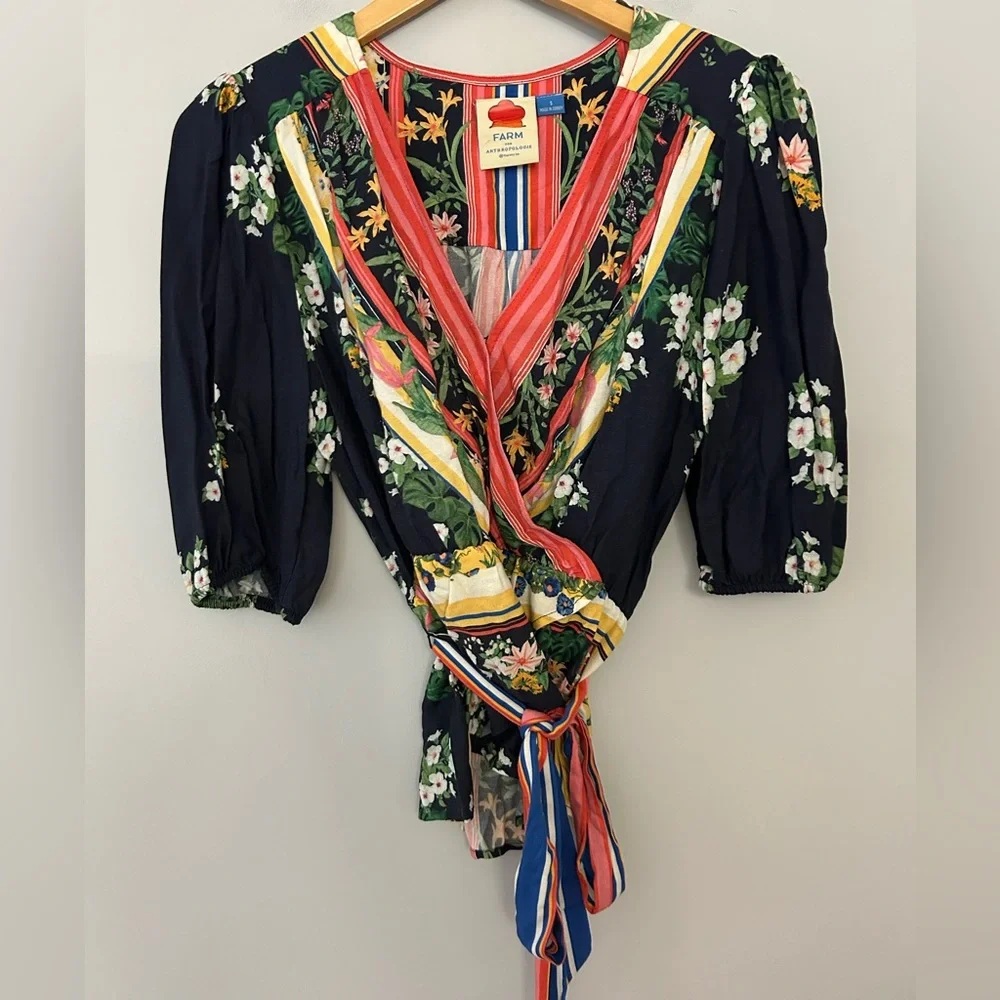 FARM Rio Navy Floral Wrap Blouse with Multicolor Stripe Sash